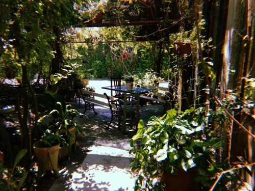 a patio with a table and chairs and plants at Posada Ribera del Gualeguaychu in Gualeguaychú