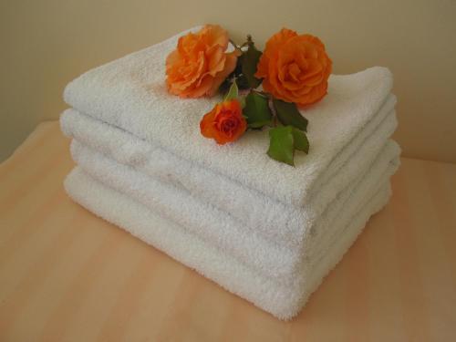 a stack of towels with flowers on top of it at Ferienwohnung Bea in Rheine in Rheine