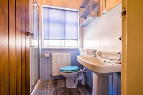 a bathroom with a toilet and a sink and a window at The Corner House in Whitby