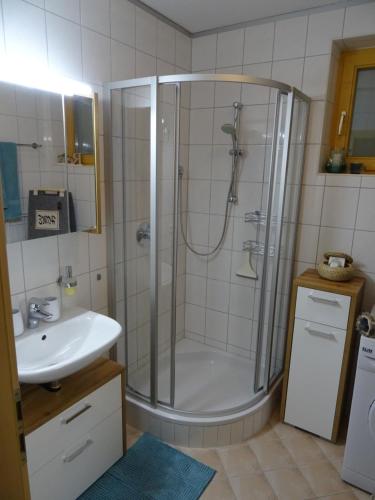 y baño con ducha y lavamanos. en Alpapart - Innsbruck, en Ellbögen