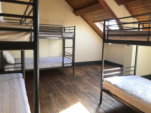 a room with three bunk beds and a wooden floor at Boomerang Antwerp in Antwerp