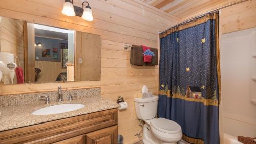a bathroom with a toilet and a sink and a mirror at Upper Canyon Inn & Cabins in Ruidoso