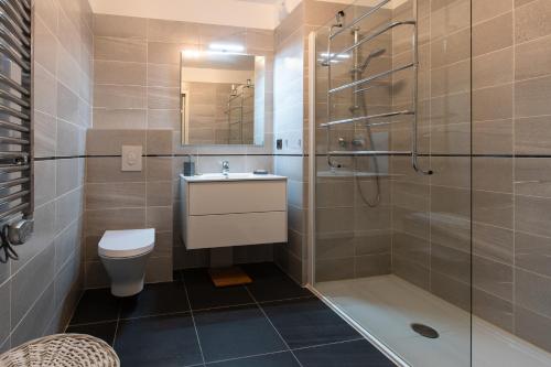 une salle de bain avec une douche, un lavabo et des toilettes dans l'établissement 2-Br with Garden and Pool in the Heart of Palm Beach, à Cannes