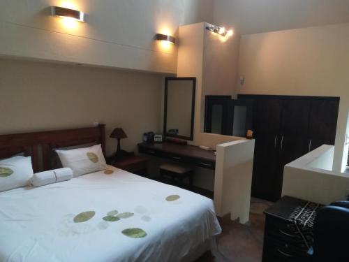 1 dormitorio con cama, escritorio y espejo en Sunset Private Game Lodge Mabalingwe, en Bela-Bela