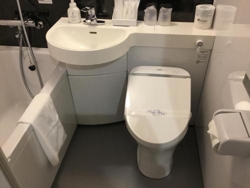 a bathroom with a toilet and a sink at Hotel Sun Road in Amakusa
