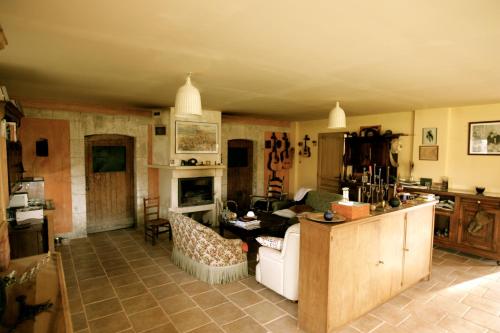 un salon avec un canapé et une cheminée dans l'établissement L'Autourserie, à Chahaignes