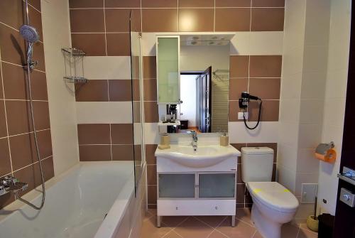 een badkamer met een wastafel, een bad en een toilet bij Vila Moldavia Class in Slănic-Moldova