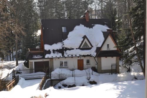 ein Haus mit Schnee auf dem Dach im Schnee in der Unterkunft APARTAMENTY SOBICZKOWA WYSPA in Kościelisko