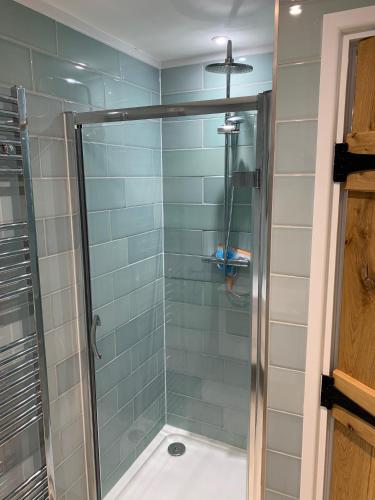 a bathroom with a shower with blue tiles at Bossiney Cove Cottage in Tintagel