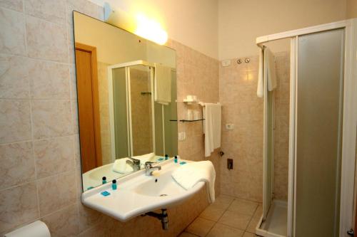 a bathroom with a sink and a shower and a mirror at Polena Residence Hotel in Marina di Montenero