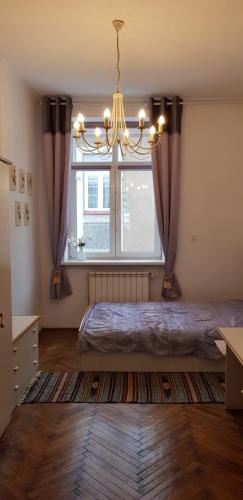 クリニツァ・ズドルイにあるKlimatyczny Apartamentのベッドルーム1室(ベッド1台付)、シャンデリア付きの窓が備わります。