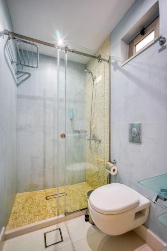 a bathroom with a toilet and a glass shower at Rozmari and Spa in Agia Galini
