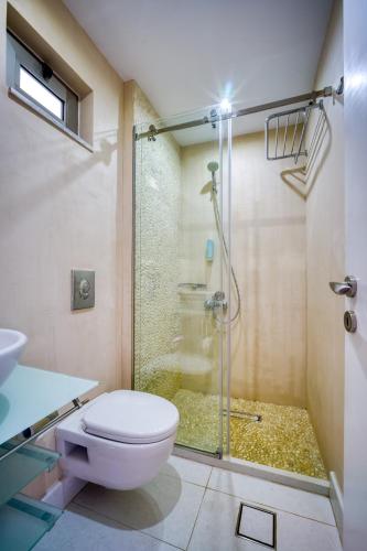 a bathroom with a shower and a toilet and a sink at Rozmari and Spa in Agia Galini