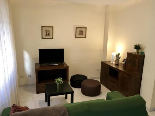 ein Wohnzimmer mit einem Sofa und einem TV in der Unterkunft Apartamento Decada Reyes Catolicos in Fuengirola