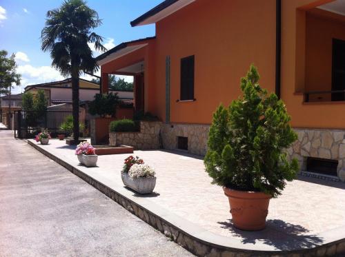 a row of potted plants in front of a house at Armonia B&B in Aquino
