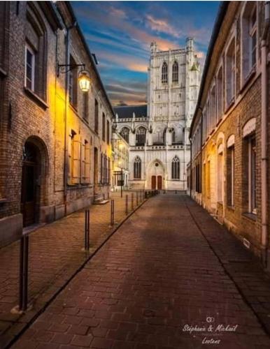 an empty street with a large building in the background at Hôtel Restaurant L'Industrie in Saint-Omer