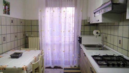 - une cuisine avec un lavabo et un rideau de douche dans l'établissement La Magnolia, à Porto SantʼElpidio