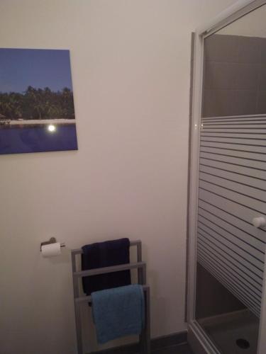 a bathroom with a shower and a chair next to a window at Le studio de Line in Rochefort