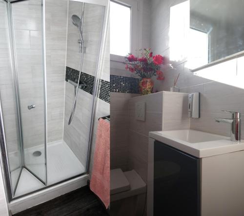 un bagno con doccia e lavandino di Chambre centre Pleyber-Christ a Pleyber-Christ