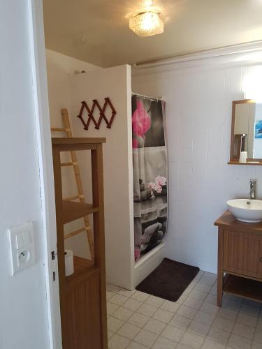 La salle de bains est pourvue d'un lavabo et d'un placard. dans l'établissement Villa Face Mer, à Audresselles