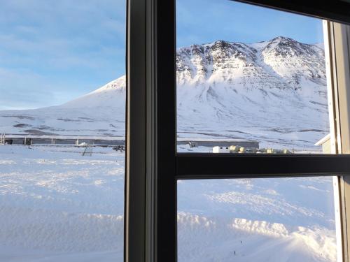 a view of a snow covered mountain from a window at Fornhagi 2 in Akureyri