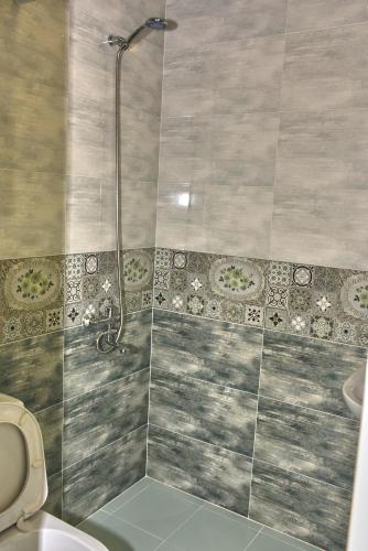 a bathroom with a shower and a toilet at Light House Old City in Akhaltsikhe