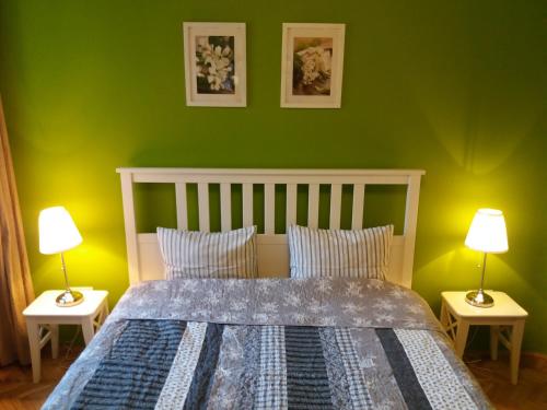 a bedroom with green walls and a bed with two lamps at Budanest Apartments in Budapest