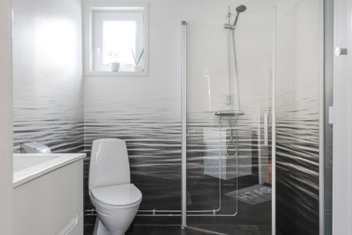 a bathroom with a toilet and a shower at Villa Ekegården in Härryda