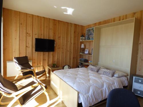 a bedroom with a bed and two chairs at Les Marinas de Cassy in Lanton