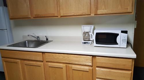 a kitchen counter with a microwave and a sink at Borealis Inn in Fairbanks