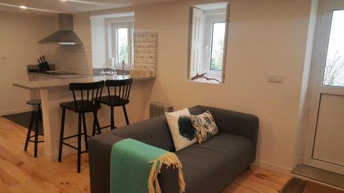 uma sala de estar com um sofá e uma cozinha em Carmo Apartment em Espinho