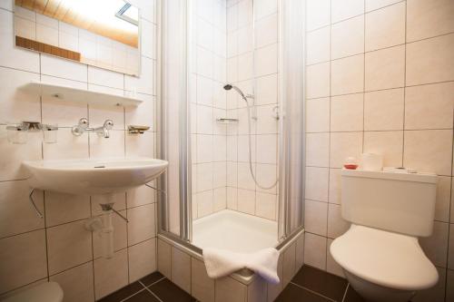 a bathroom with a shower and a sink and a toilet at Sonnegg Hotel in Zweisimmen