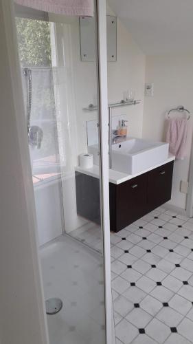 a white bathroom with a sink and a shower at Western House B&B Kurow in Kurow