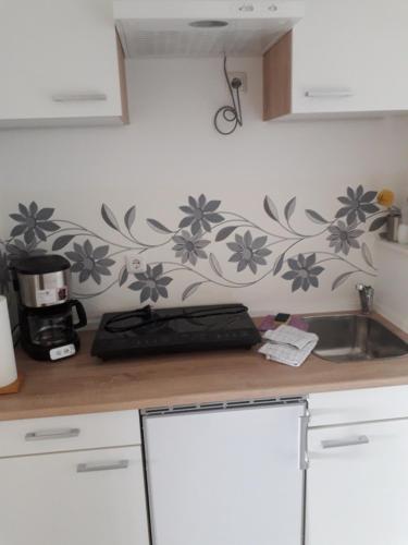 uma cozinha com um lavatório e uma parede com flores em Appartement mit Balkon und Meerblick em Fehmarn