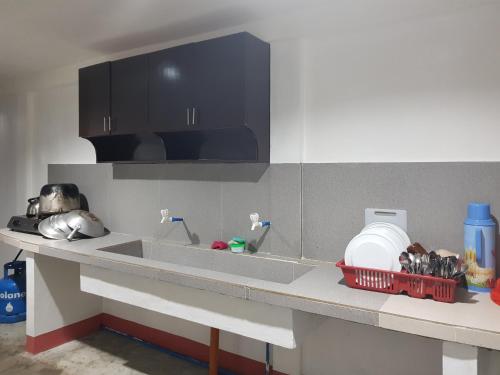 a kitchen with a counter top with a sink at SJ Pabua Travellers Inn in Mambajao