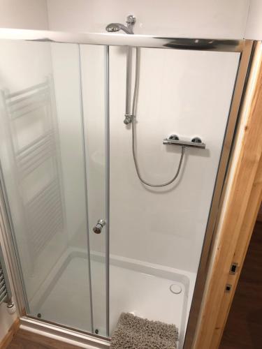 a shower in a bathroom with a glass door at Edindoune in Strathcarron