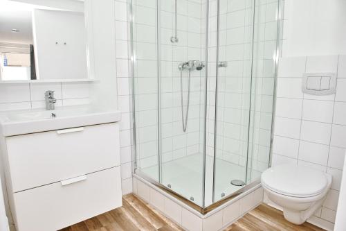 a white bathroom with a shower and a toilet at Townhouse Duderstadt in Duderstadt