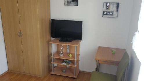 a television sitting on a stand in a room at Ferienwohnung "An der Würschnitz" in Chemnitz