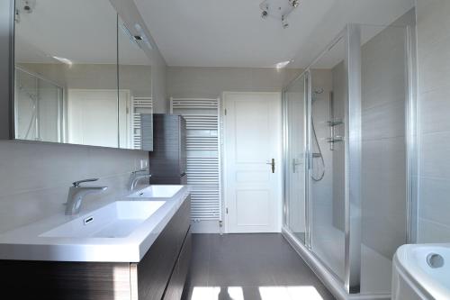 ein weißes Bad mit einem Waschbecken und einer Dusche in der Unterkunft Gîte Aux Deux Clochers in Zimmersheim