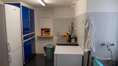 una pequeña cocina con fregadero y nevera. en Ferienhaus Septimer en Bivio