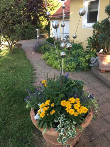 a potted plant with flowers in a yard at Apartment Apart Waldershof in Waldershof