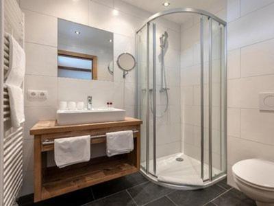 a bathroom with a shower and a sink and a toilet at Apartment Kristall in Finkenberg