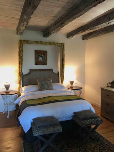 a bedroom with a large bed with two tables and two lamps at Manoir de Rieuzal in Loubressac