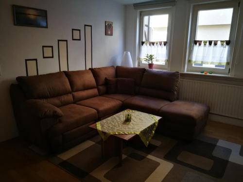 a living room with a brown couch and a table at Ferienwohnung Misch in Eschwege