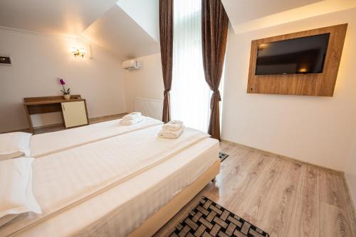 a hotel room with a bed and a flat screen tv at Pensiunea Carul cu flori in Oraviţa