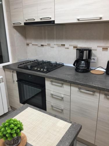 a kitchen with a stove and a coffee maker at Roby apartament in Bucharest