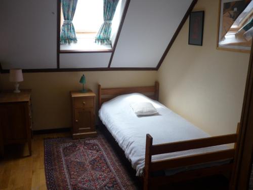 1 dormitorio con cama, ventana y alfombra en Diane Chasseresse, en Soignies
