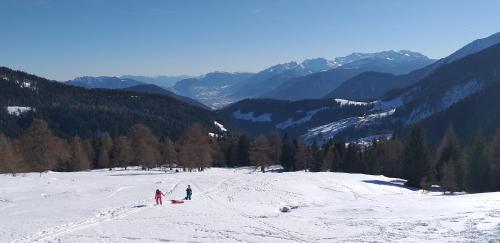 a group of people skiing down a snow covered slope at HartlHof in Proves