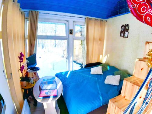 a bedroom with a blue bed and a window at Fairy house in Petrovo