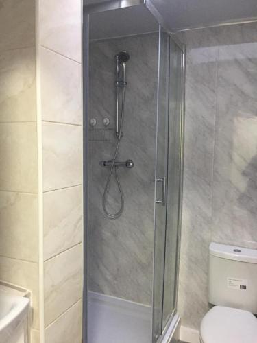 a shower with a glass door next to a toilet at Sama's Stylish Room 3 in Manchester